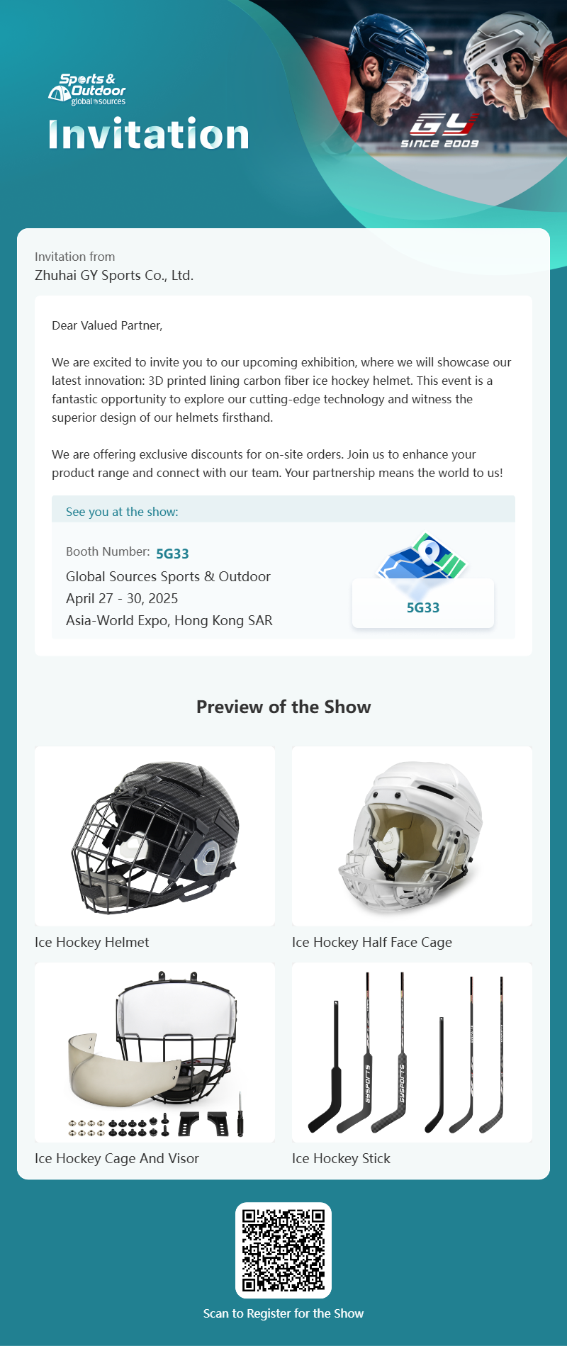 GY Global Sources Sports & Outdoor, 27-30 квітня 2025 р., Asia-World Expo, САР Гонконг, номер стенду. 5G33